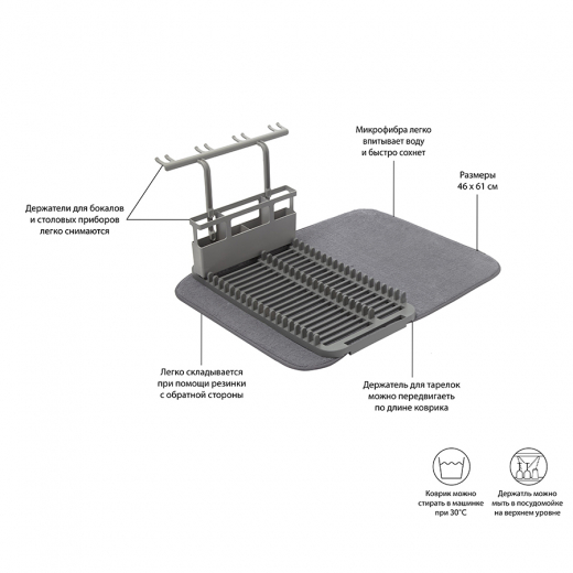 Коврик для сушки посуды с подставкой Udry, 46х27,3х61 см, темно-серый