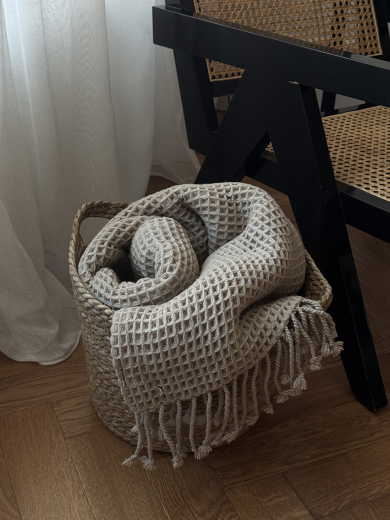 Плед из шерсти бежево-серого цвета из коллекции Essential, 130х180 см