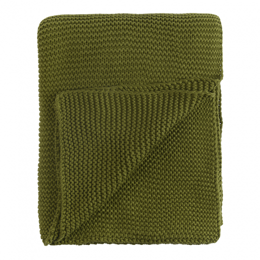 Плед из хлопка жемчужной вязки оливкового цвета из коллекции Essential, 130х180 см