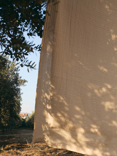 Покрывало двухстороннее из многослойного муслина цвета охры из коллекции Essential, 230x250 см